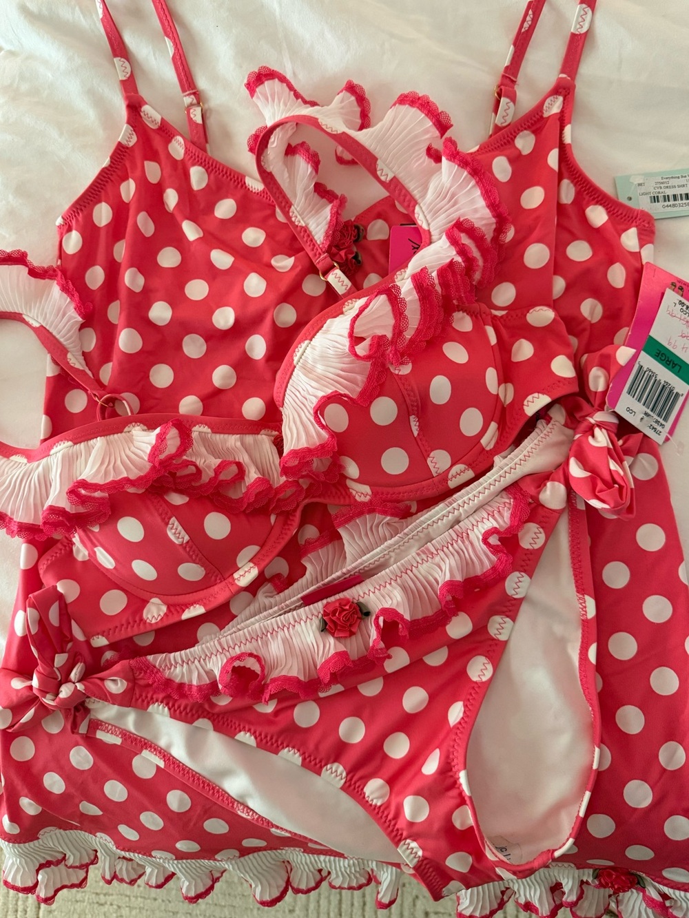 NWT Vintage Betsey Johnson Coral Polka Dot Ruffle Bikini w/ Cover Up 3pc Set L
